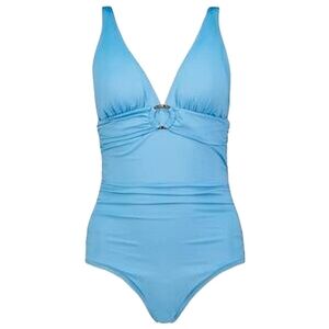 💠Michael Kors One Piece Swimsuit Solid Plunge Vneck Logo Ruched Tummy Control